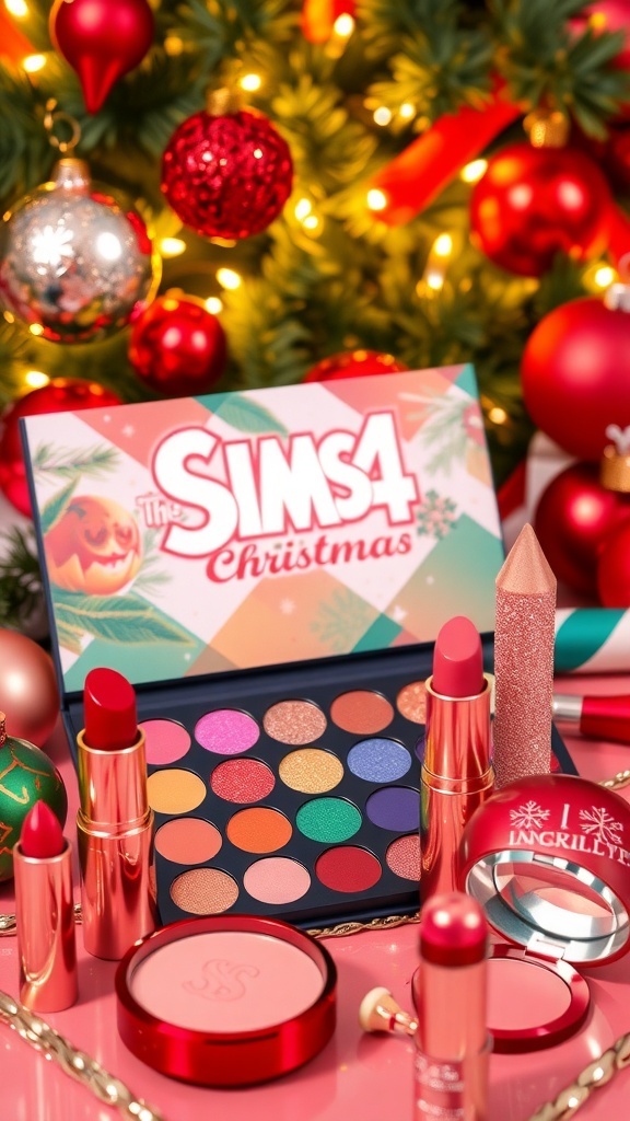 A collection of Sims 4 Christmas CC makeup items including eyeshadow, lipstick, and blush on a festive background.